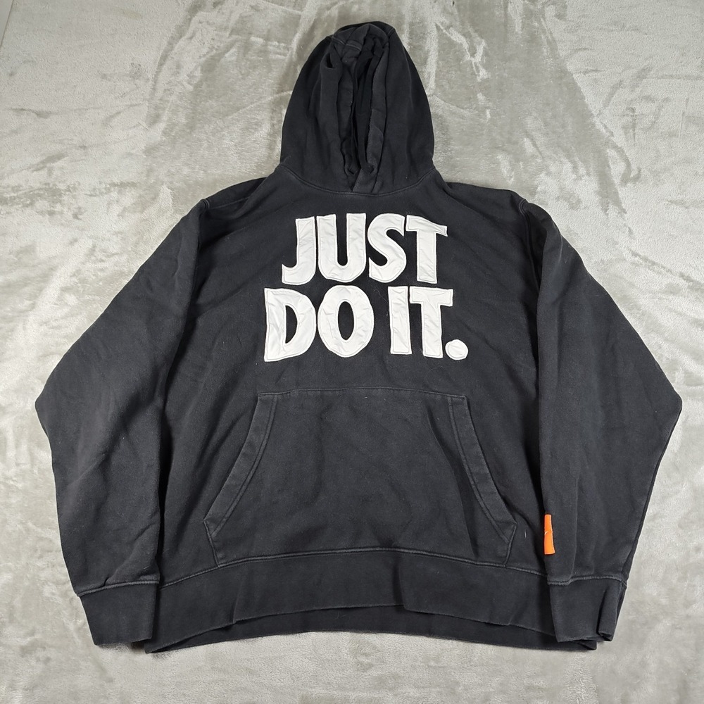 Nike Hoodie Mens XXL Black Just Do It Embroidered Pullover Fleece Faded Skater